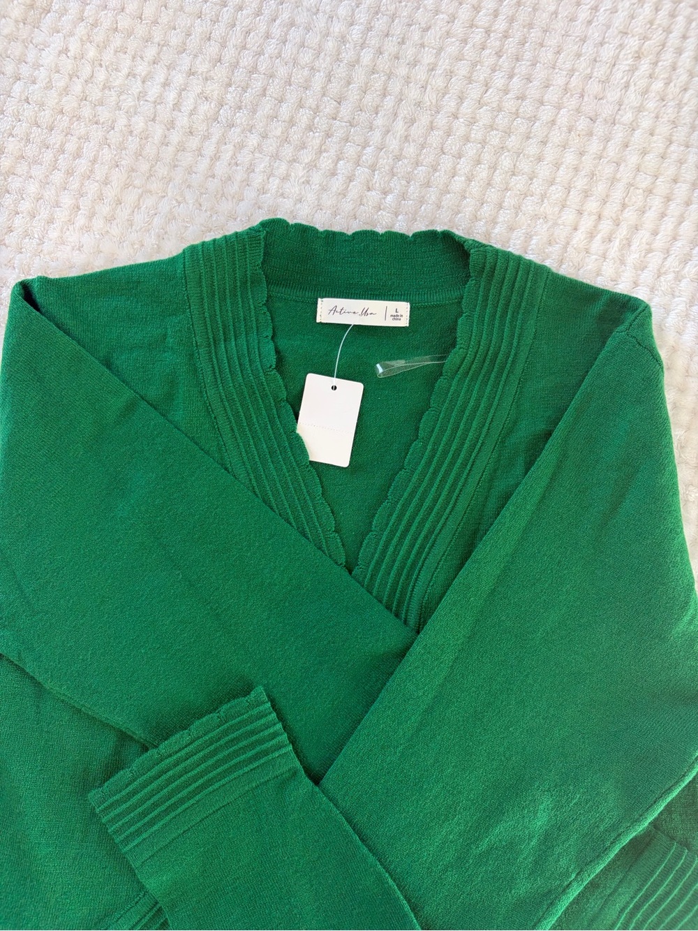Aritzia Emerald Green V-Neck Sweater with Ribbed Scallop Trim
